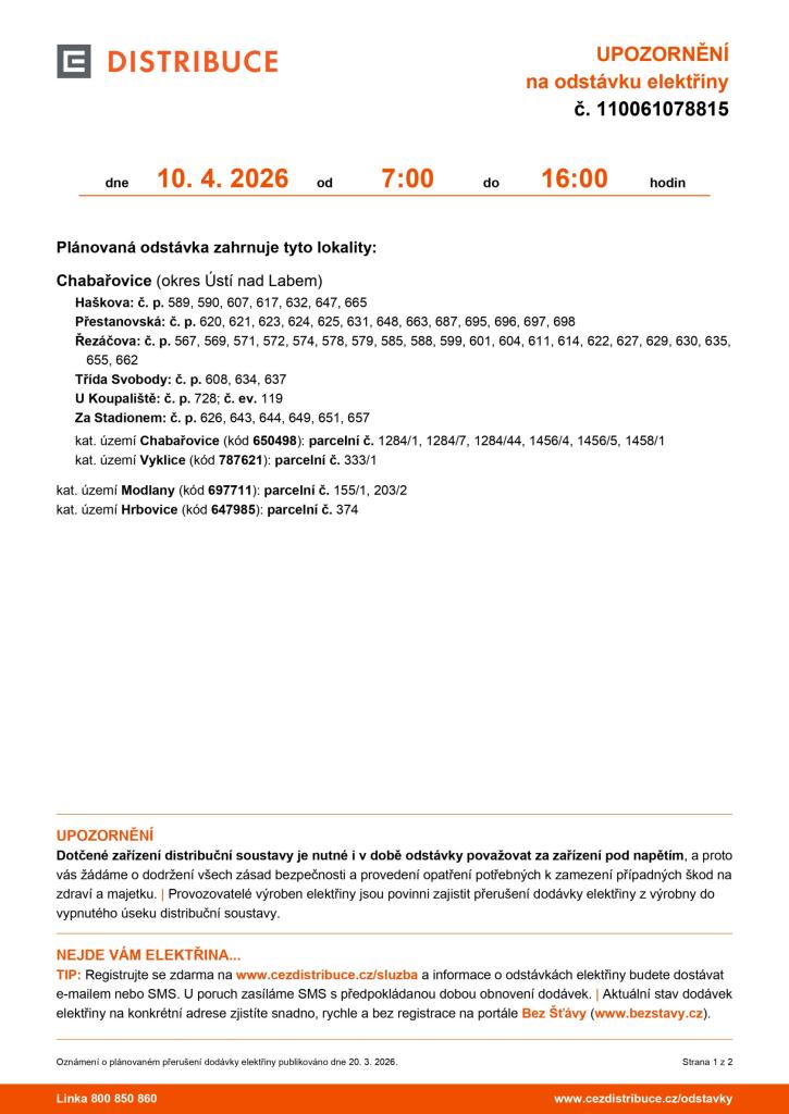 ČEZ upozornění